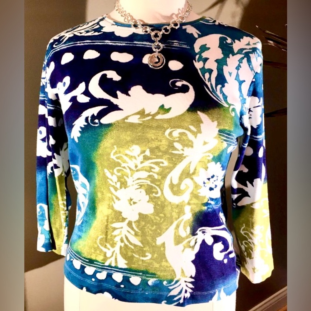 🍀Chico's Blue and Green Tropical Floral Print 100% Cotton Top Size 2, L, 12-14